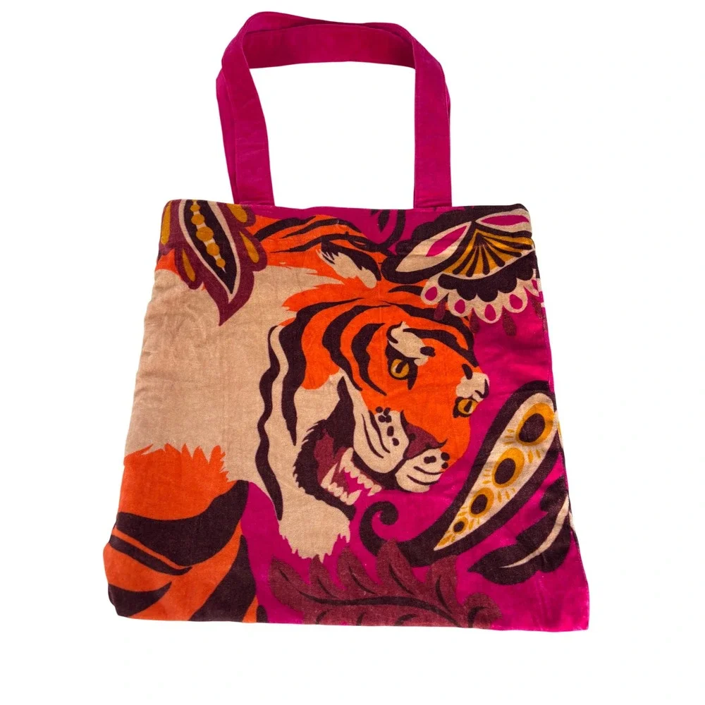 Roaring Tiger Powder Pink Velvet Paisley Tote Bag Cotton Fuchsia Orange Festive